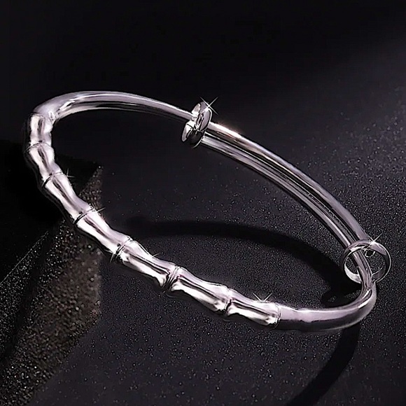 Sterling Silver Bamboo Adjustable Resizable Bangle Bracelet - Picture 3 of 6